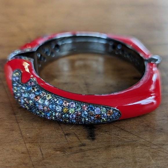 Rina Limor Red Enamel Bracelet 925 Sterling Silver Clamper Bangle Cuff Signed - Picture 4 of 7